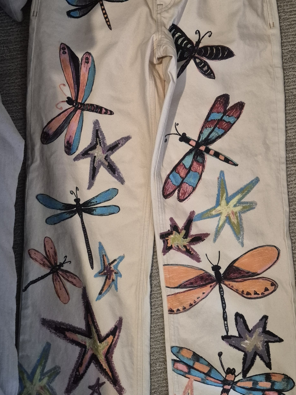 Free People Cream Straight-Leg Jeans with Colorful Dragonfly & Star Art